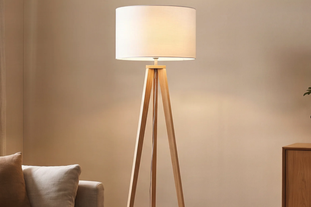 Stijlvolle Scandinavische woonkamers met eiken driepoot vloerlamp